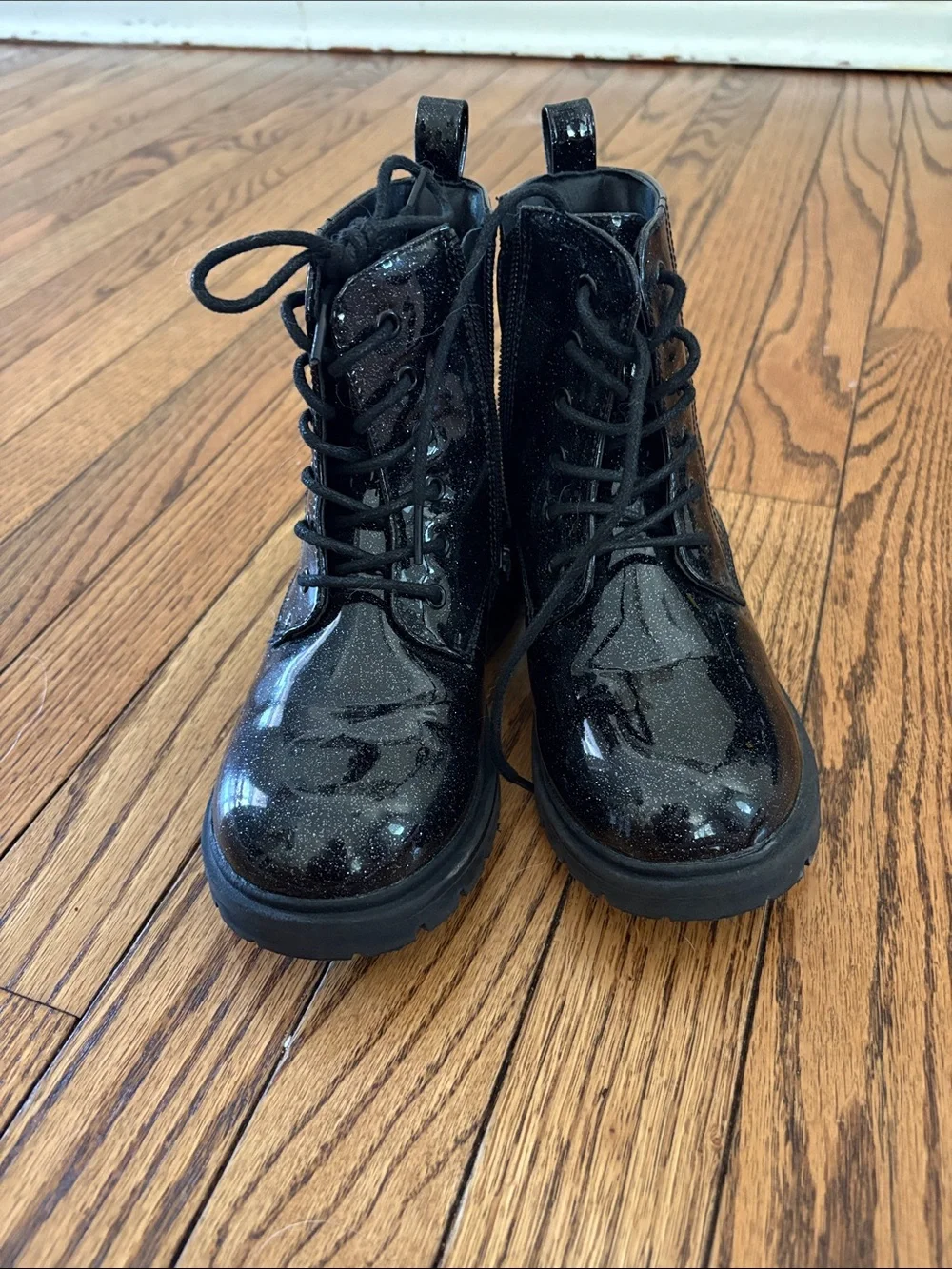 Dream Pairs Black Glitter Lace-Up/Zipper Combat Boots for Kids